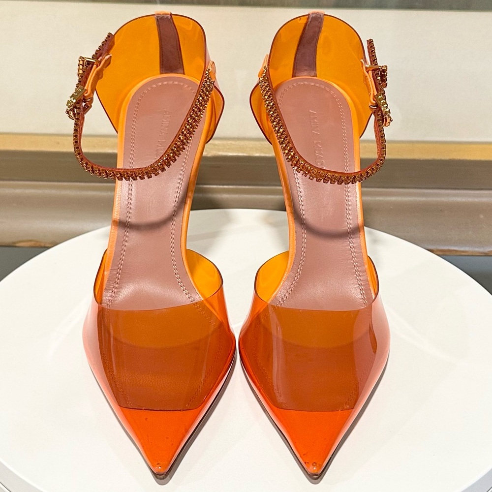 🌹AMINA MUADDI🌹Ursina Crystal-embellished Pvc Leather Pumps In Orange Size: 37 - Picture 5 of 13